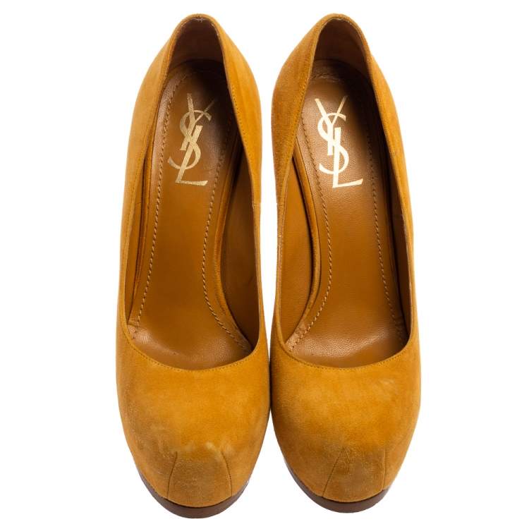 Pre Owned Saint Laiurent Mustard Suede Tribtoo Platform Pumps Size 38.5
