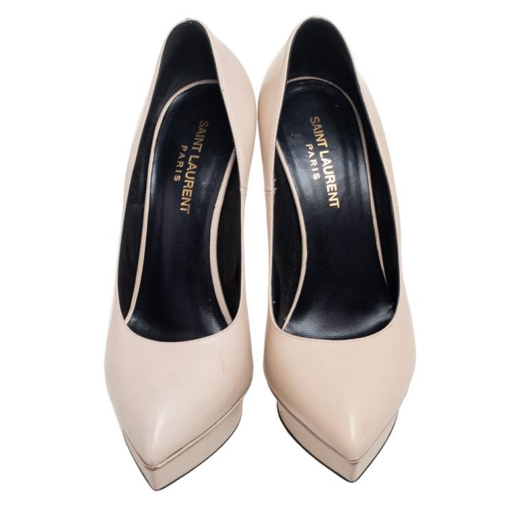 Pre Owned Saint Laurent Beige Leather Janis Pointed Toe Platform Pumps Size 38