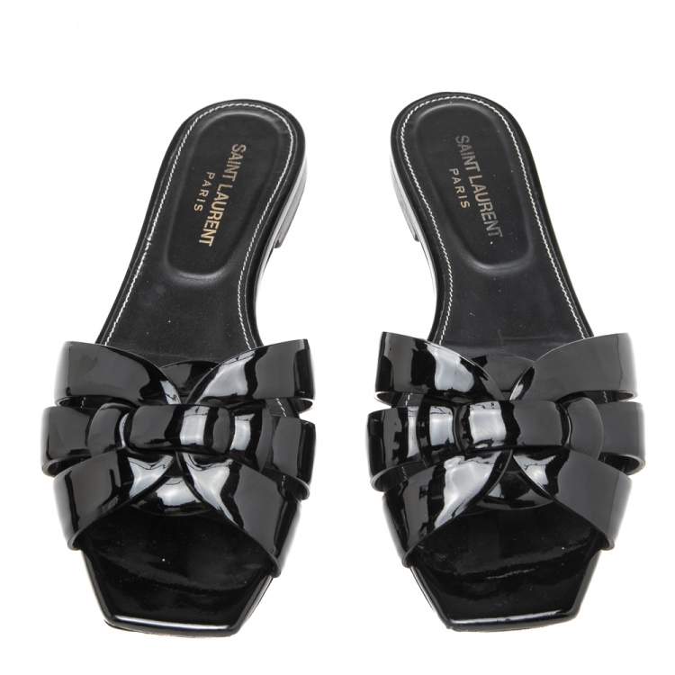 Pre Owned Saint Laurent Black Patent  Leather Tribute Flat Slides Size 38.5
