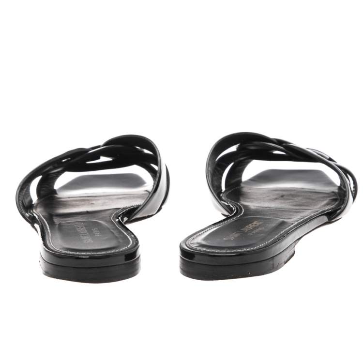 Pre Owned Saint Laurent Black Patent  Leather Tribute Flat Slides Size 38.5