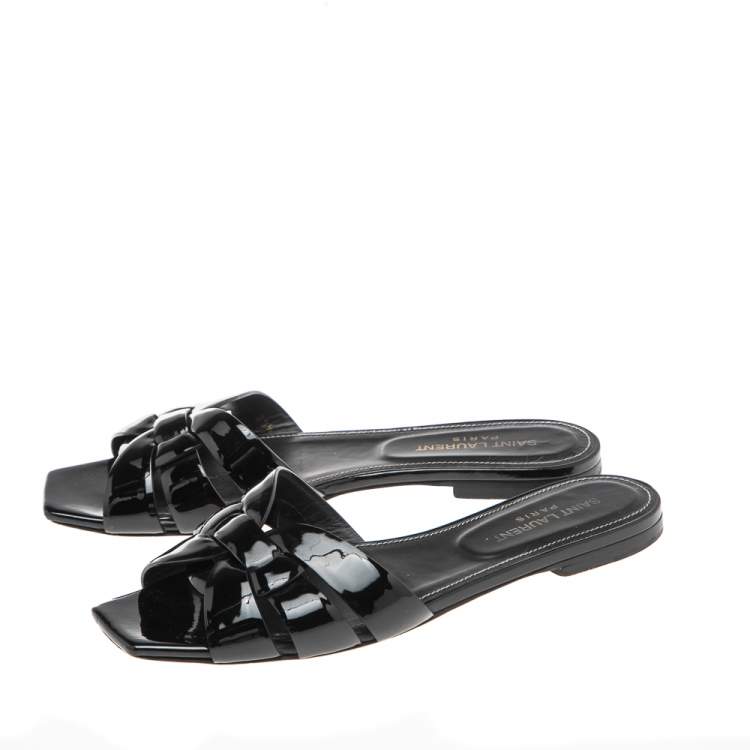 Pre Owned Saint Laurent Black Patent  Leather Tribute Flat Slides Size 38.5