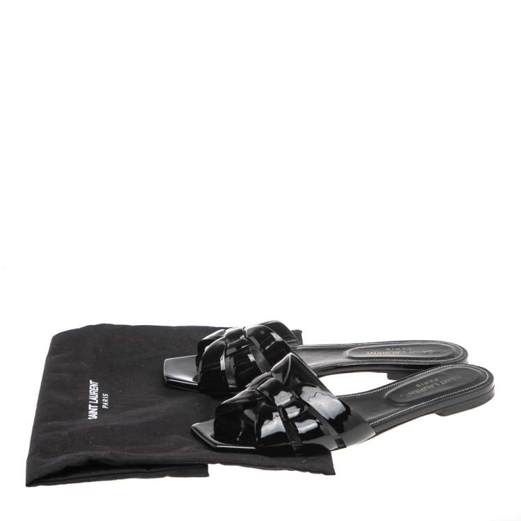 Pre Owned Saint Laurent Black Patent  Leather Tribute Flat Slides Size 38.5