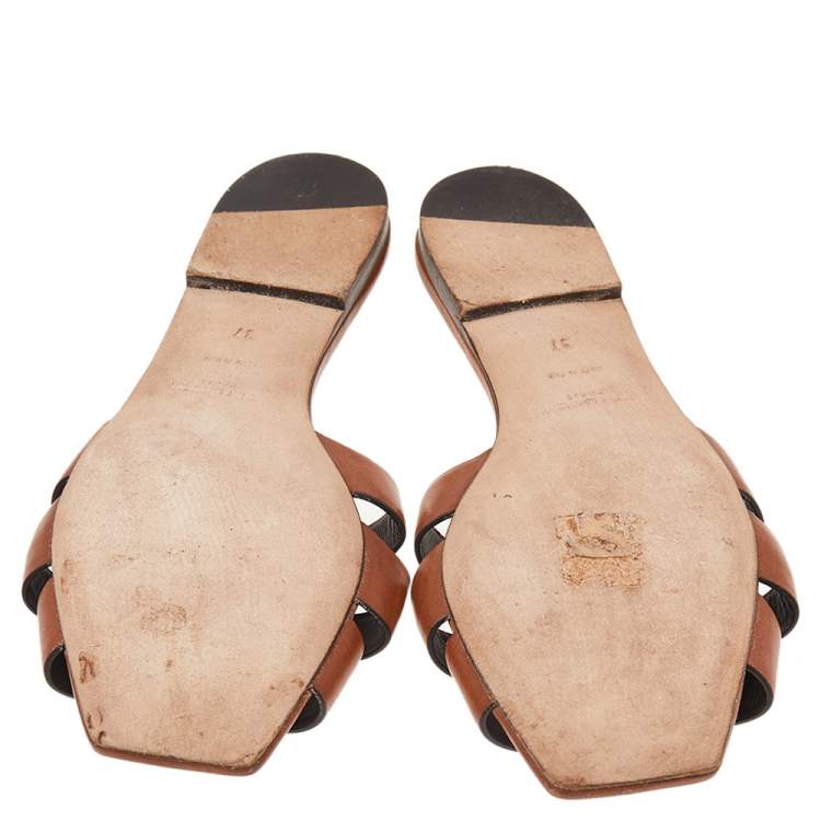 Pre Owned Saint Laurent Brown Leather Tribute Flat Slides Size 37