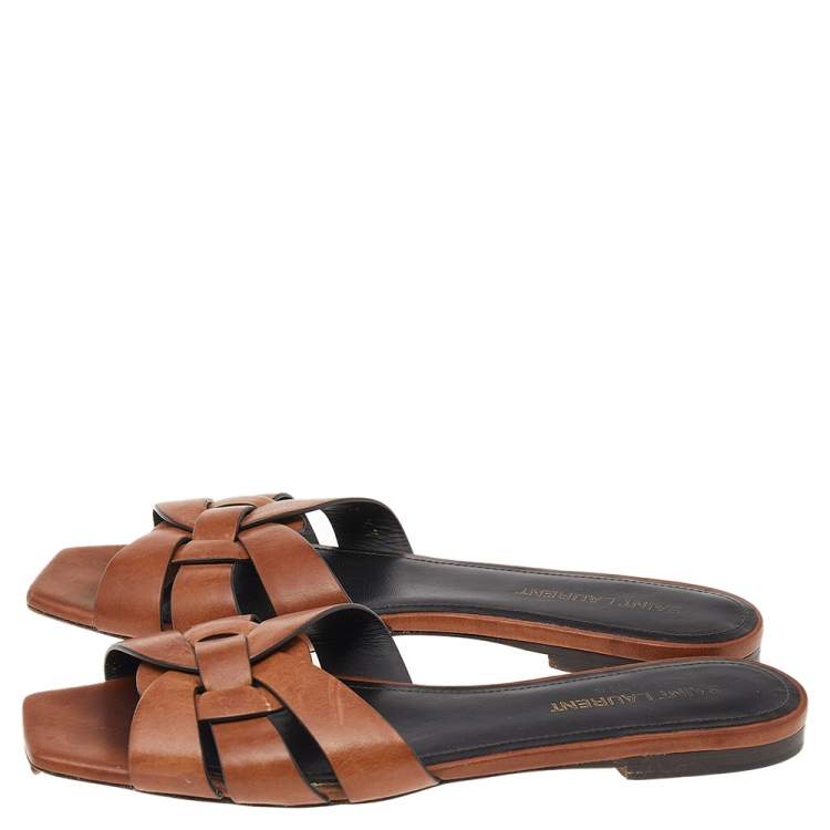 Pre Owned Saint Laurent Brown Leather Tribute Flat Slides Size 37
