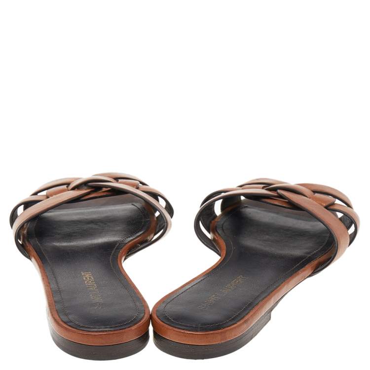 Pre Owned Saint Laurent Brown Leather Tribute Flat Slides Size 37