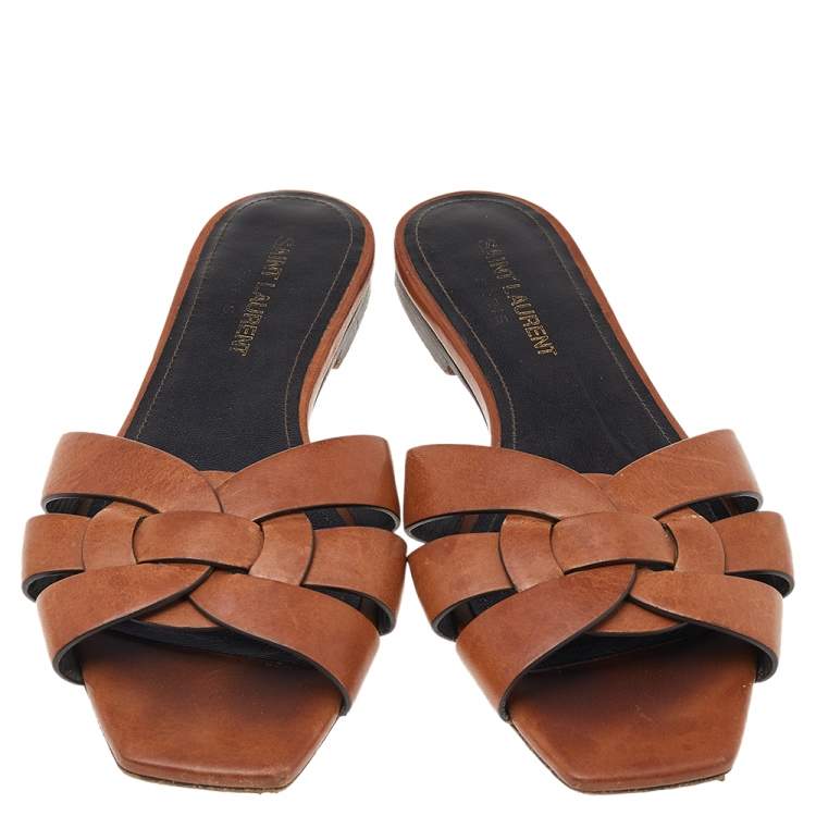 Pre Owned Saint Laurent Brown Leather Tribute Flat Slides Size 37