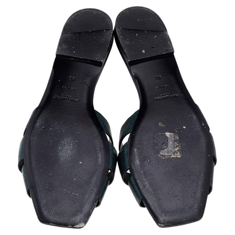 Pre Owned Saint Laurent Dark Green Textured Leather Tribute Flat Slides Size 40
