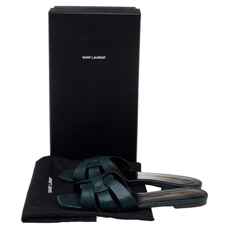Pre Owned Saint Laurent Dark Green Textured Leather Tribute Flat Slides Size 40