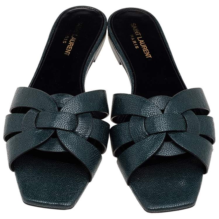 Pre Owned Saint Laurent Dark Green Textured Leather Tribute Flat Slides Size 40