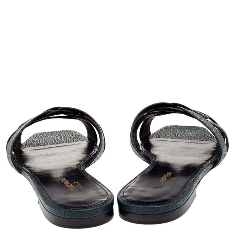 Pre Owned Saint Laurent Dark Green Textured Leather Tribute Flat Slides Size 40