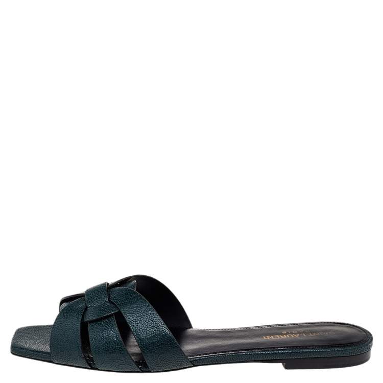 Pre Owned Saint Laurent Dark Green Textured Leather Tribute Flat Slides Size 40