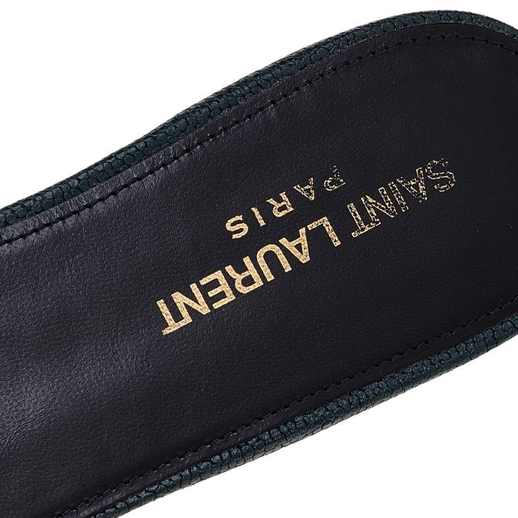 Pre Owned Saint Laurent Dark Green Textured Leather Tribute Flat Slides Size 40