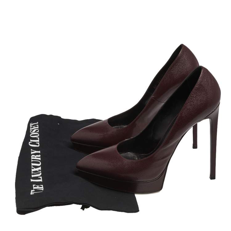 Pre Owned Saint Laurent Burgundy Lizard Embossed Leather  Pointed Toe Platform Pumps Size 40