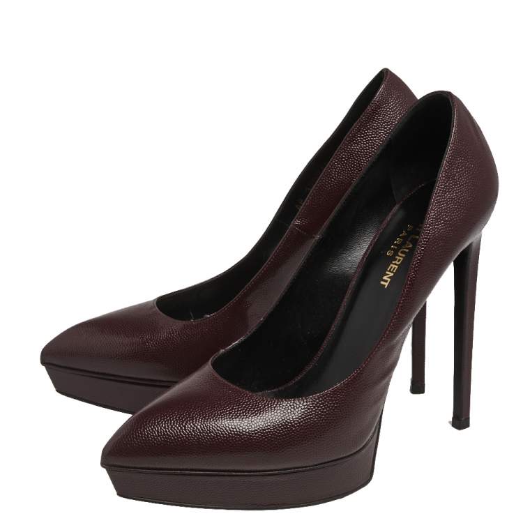 Pre Owned Saint Laurent Burgundy Lizard Embossed Leather  Pointed Toe Platform Pumps Size 40