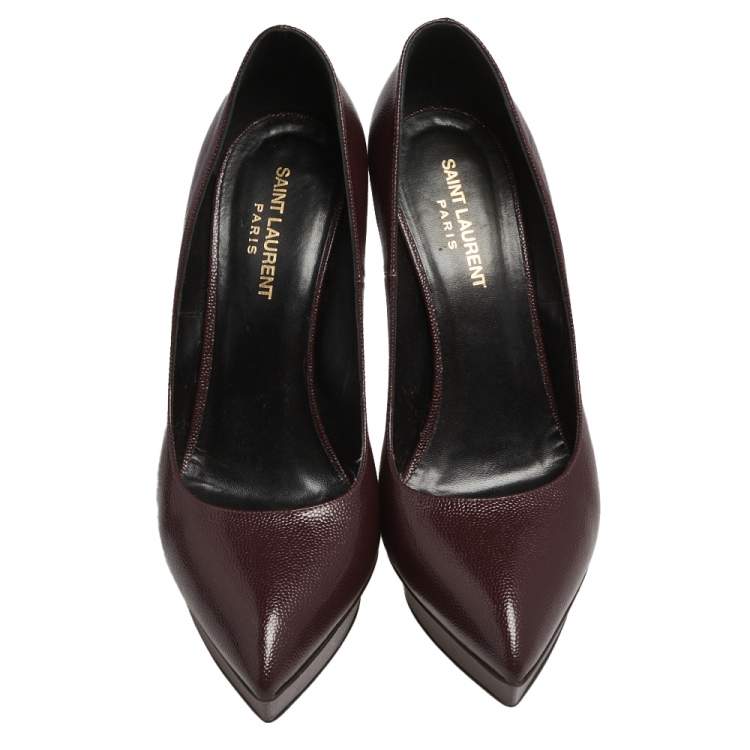 Pre Owned Saint Laurent Burgundy Lizard Embossed Leather  Pointed Toe Platform Pumps Size 40