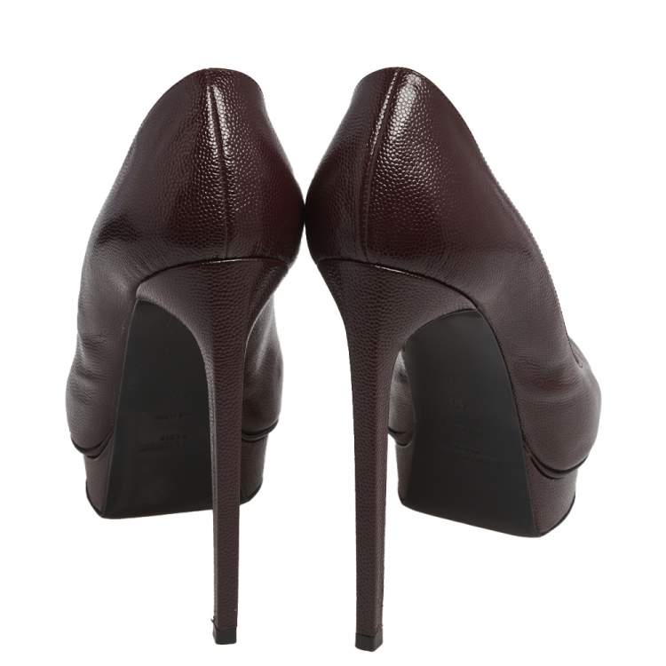 Pre Owned Saint Laurent Burgundy Lizard Embossed Leather  Pointed Toe Platform Pumps Size 40