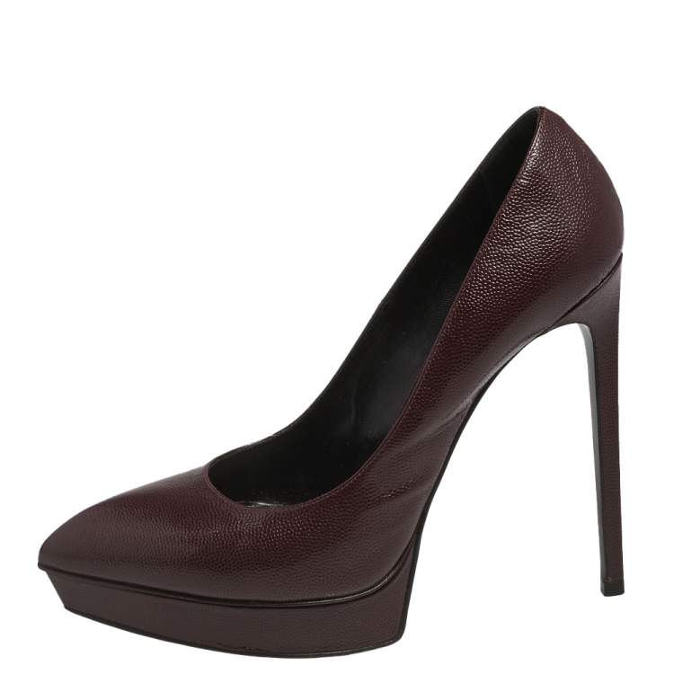 Pre Owned Saint Laurent Burgundy Lizard Embossed Leather  Pointed Toe Platform Pumps Size 40