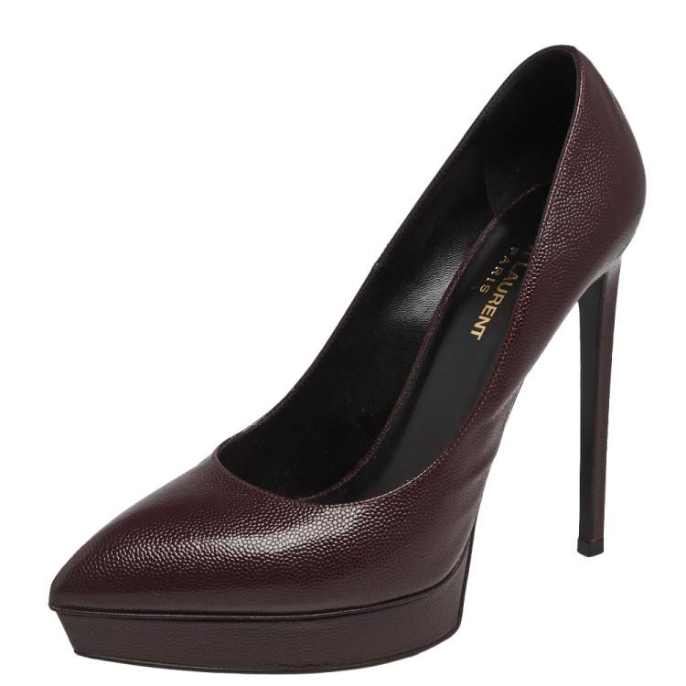 Pre Owned Saint Laurent Burgundy Lizard Embossed Leather  Pointed Toe Platform Pumps Size 40