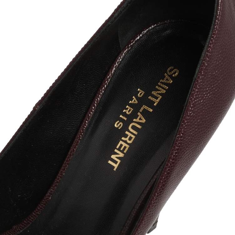 Pre Owned Saint Laurent Burgundy Lizard Embossed Leather  Pointed Toe Platform Pumps Size 40