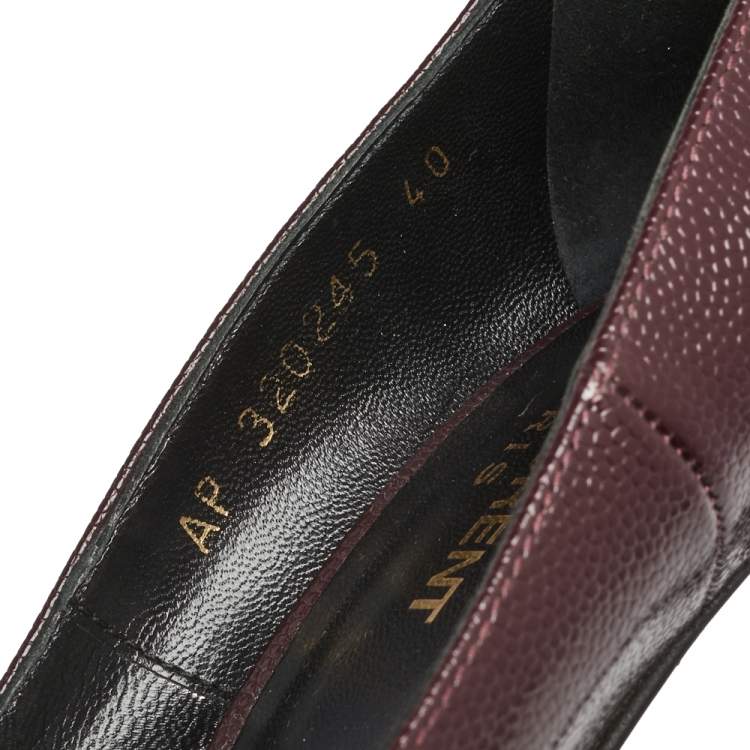 Pre Owned Saint Laurent Burgundy Lizard Embossed Leather  Pointed Toe Platform Pumps Size 40