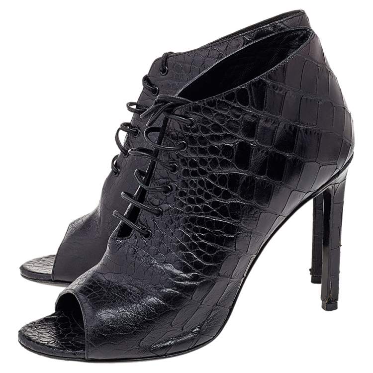 Pre Owned  Saint Laurent Black Croc Embossed Leather Peep Toe Ankle Booties Size 37.5