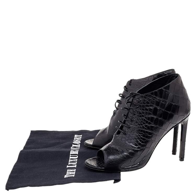 Pre Owned  Saint Laurent Black Croc Embossed Leather Peep Toe Ankle Booties Size 37.5