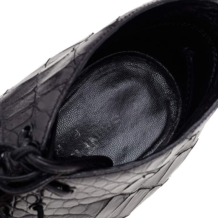 Pre Owned  Saint Laurent Black Croc Embossed Leather Peep Toe Ankle Booties Size 37.5