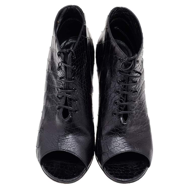Pre Owned  Saint Laurent Black Croc Embossed Leather Peep Toe Ankle Booties Size 37.5