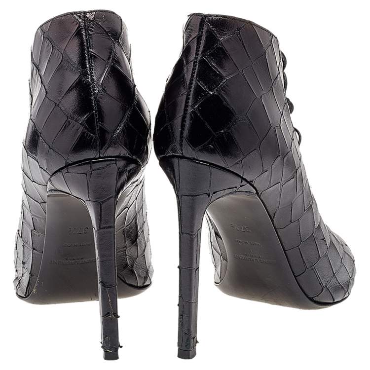 Pre Owned  Saint Laurent Black Croc Embossed Leather Peep Toe Ankle Booties Size 37.5