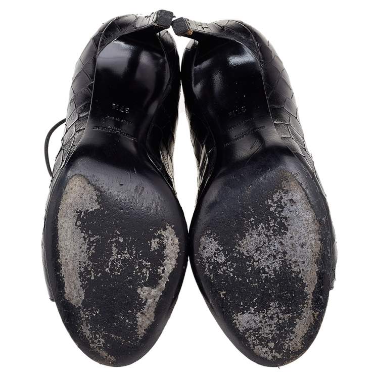 Pre Owned  Saint Laurent Black Croc Embossed Leather Peep Toe Ankle Booties Size 37.5