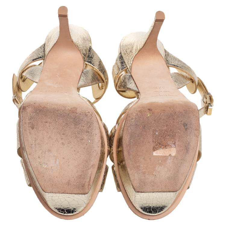Pre Owned Saint Laurent Metallic Gold Crinkled Leather Tribute Platform Sandals Size 37.5