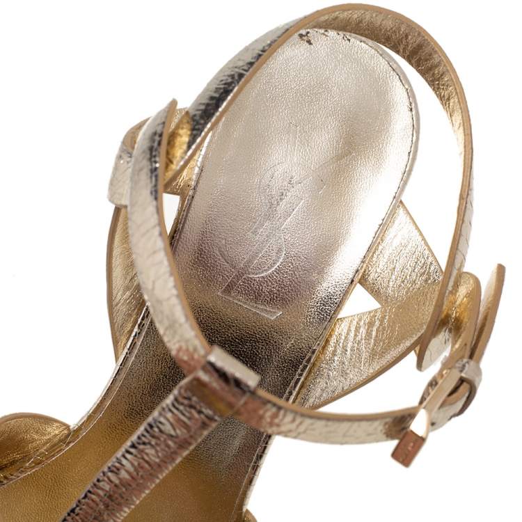 Pre Owned Saint Laurent Metallic Gold Crinkled Leather Tribute Platform Sandals Size 37.5