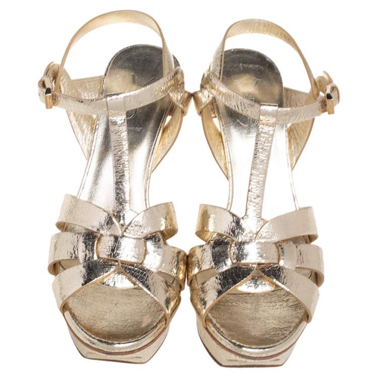 Pre Owned Saint Laurent Metallic Gold Crinkled Leather Tribute Platform Sandals Size 37.5