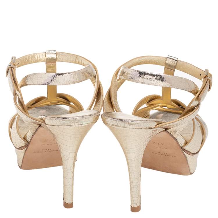 Pre Owned Saint Laurent Metallic Gold Crinkled Leather Tribute Platform Sandals Size 37.5