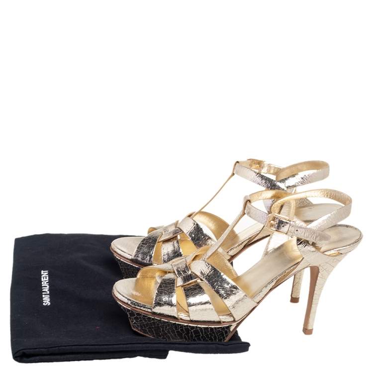 Pre Owned Saint Laurent Metallic Gold Crinkled Leather Tribute Platform Sandals Size 37.5
