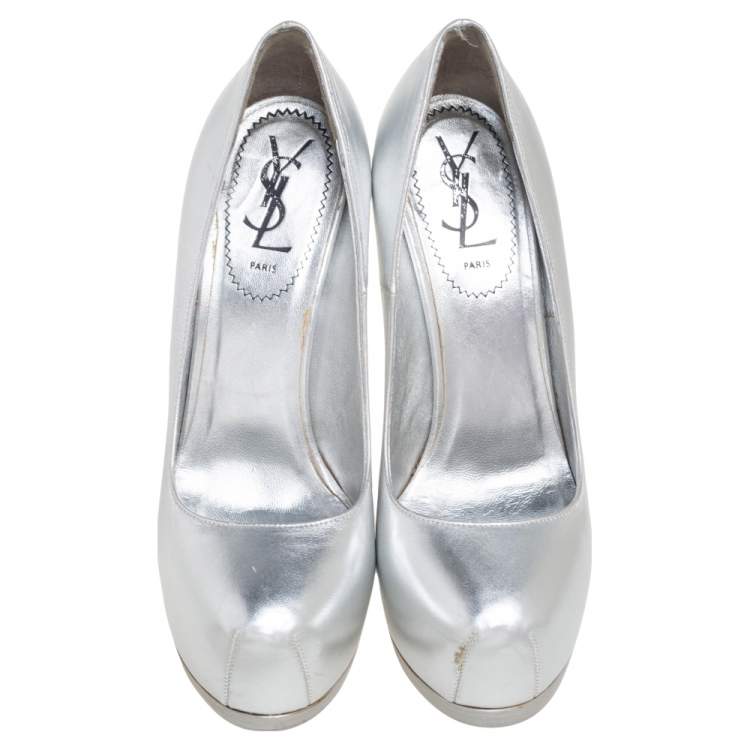Pre Owned Saint Laurent Silver Leather Tribtoo Platform Pumps Size 37.5
