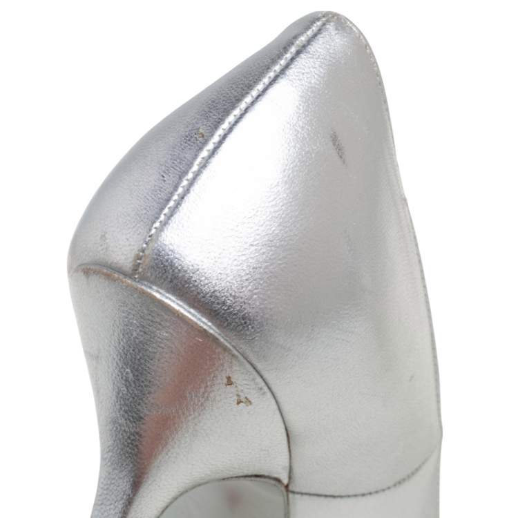 Pre Owned Saint Laurent Silver Leather Tribtoo Platform Pumps Size 37.5