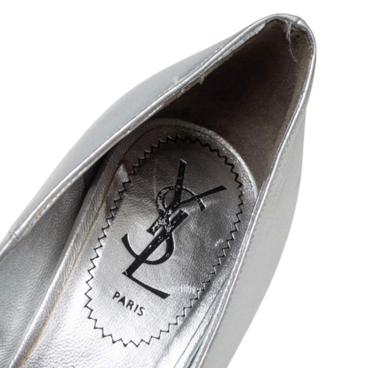 Pre Owned Saint Laurent Silver Leather Tribtoo Platform Pumps Size 37.5