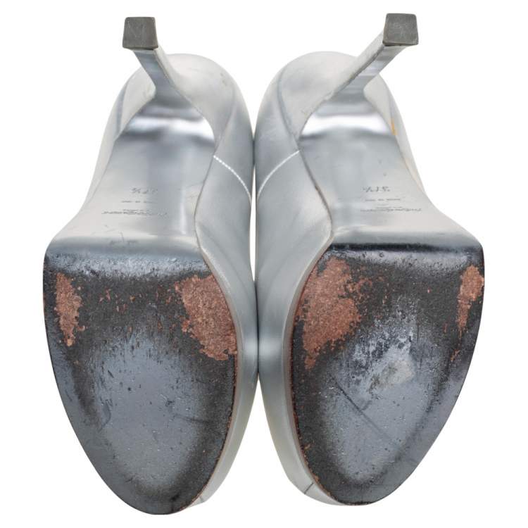 Pre Owned Saint Laurent Silver Leather Tribtoo Platform Pumps Size 37.5