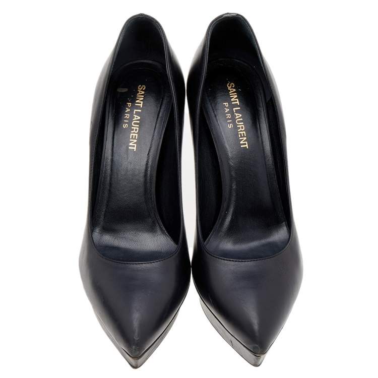 مملوكة مسبقًا Saint Laurent Black Leather Janis Platform Pumps Size 37.5