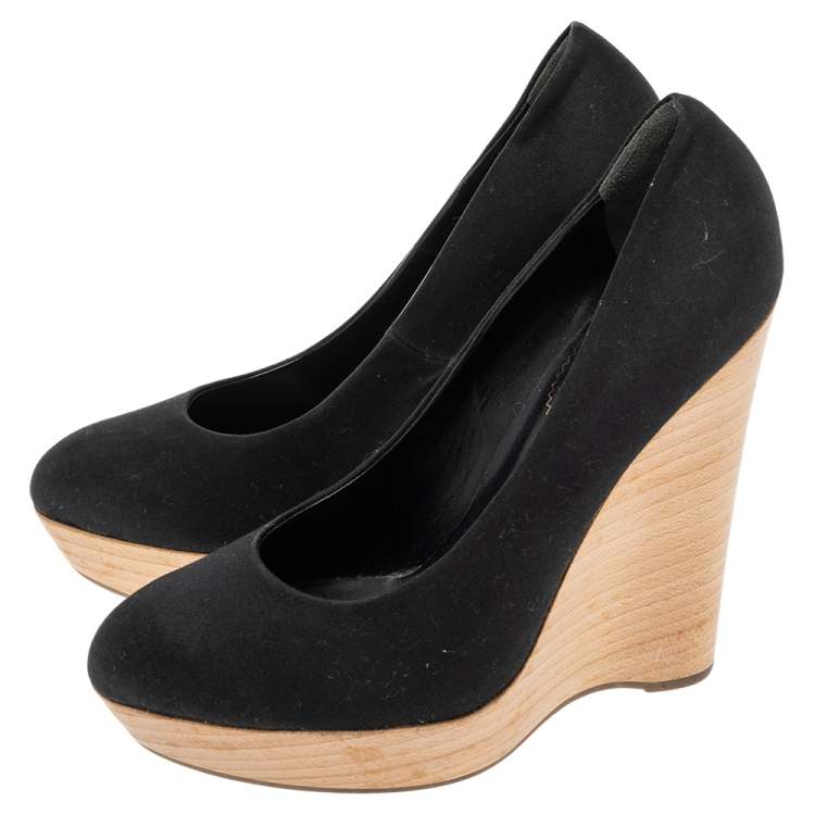 Pre Owned Saint Laurent Black Satin Maryna Wedge Pumps Size 40
