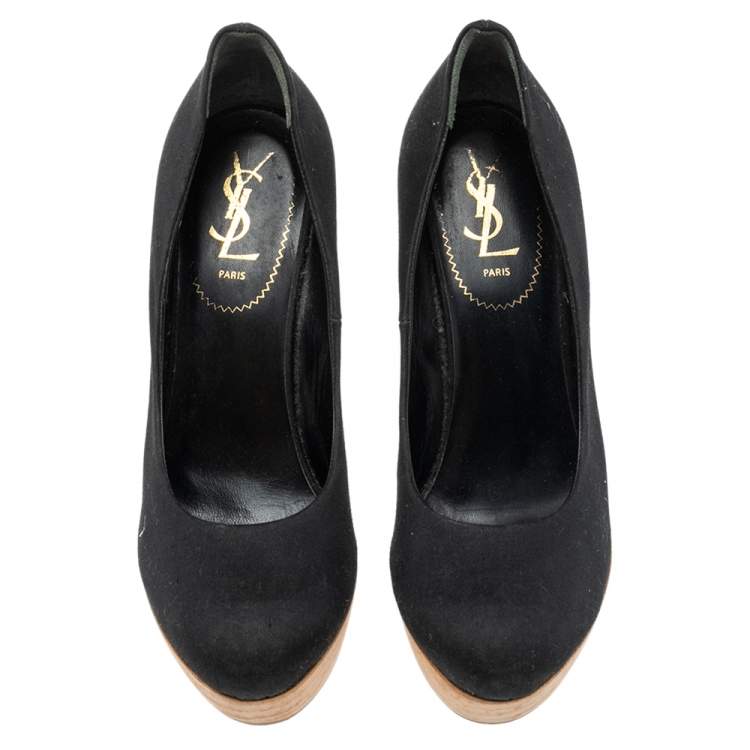 Pre Owned Saint Laurent Black Satin Maryna Wedge Pumps Size 40
