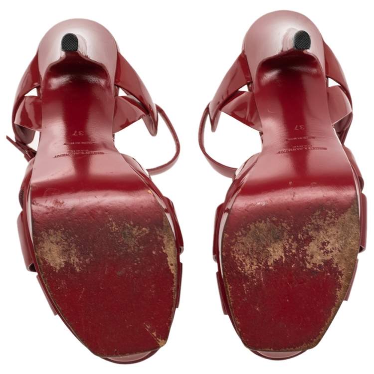 Pre Owned Saint Laurent Red Patent Leather Tribute Sandals Size 37