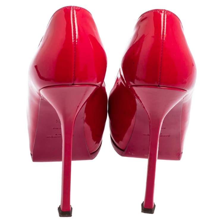 Pre Owned Saint Laurent Magenta Patent Leather Tribtoo Platform Pumps Size 38.5