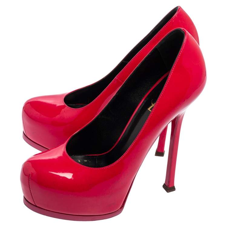 Pre Owned Saint Laurent Magenta Patent Leather Tribtoo Platform Pumps Size 38.5