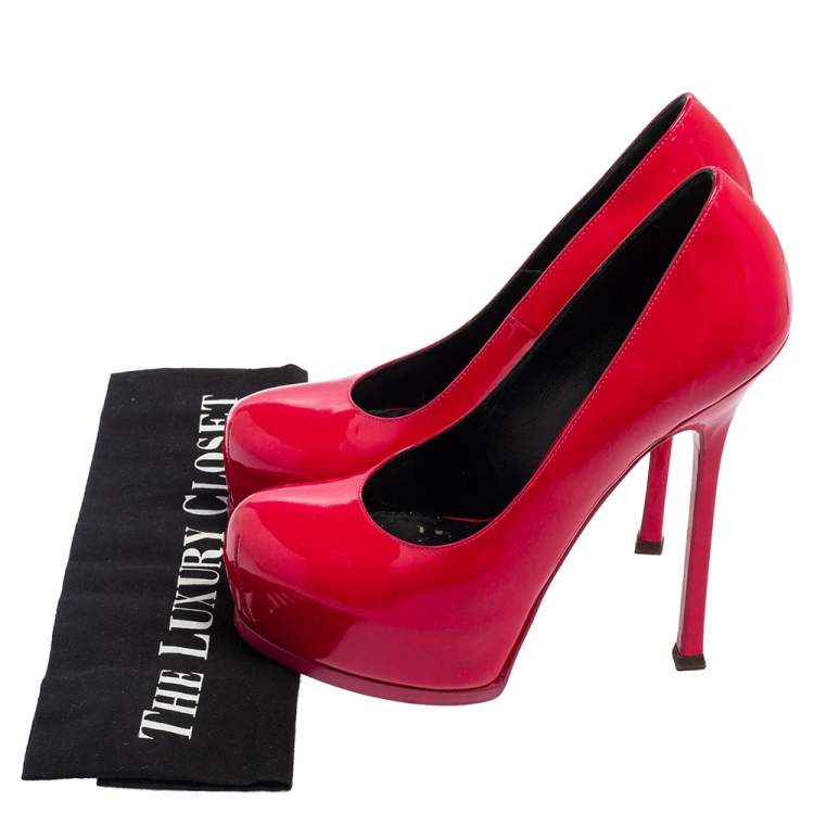 Pre Owned Saint Laurent Magenta Patent Leather Tribtoo Platform Pumps Size 38.5