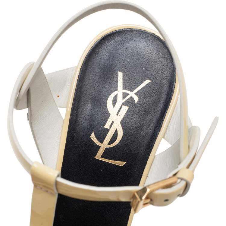 Pre Owned Saint Laurent Cream Patent Leather Tribute  Sandals Size 37
