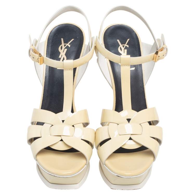 Pre Owned Saint Laurent Cream Patent Leather Tribute  Sandals Size 37