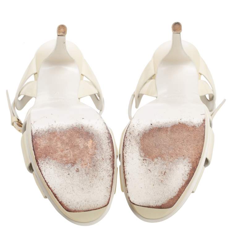 Pre Owned Saint Laurent Cream Patent Leather Tribute  Sandals Size 37