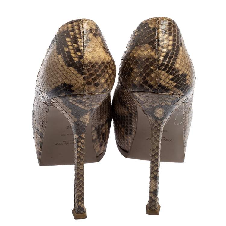 Pre Owned Saint Laurent Beige Python Tribtoo Platform Pumps Size 38